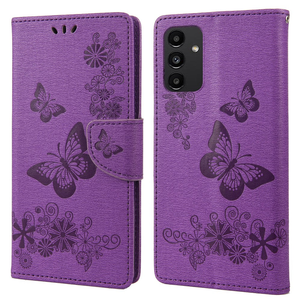 Til Samsung Galaxy A13 4G præget store sommerfugle læder mobiltelefonetui pung stander telefonetui telefonskal