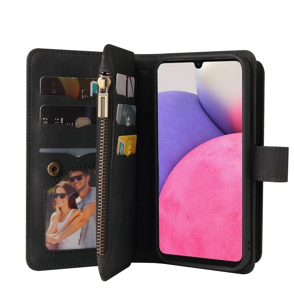 Til Samsung Galaxy A33 5G Etui med Lynlås og Pung, 15 Kortpladser og Rem i Læder