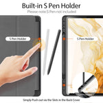 DUX DUCIS DOMO-serien, tredobbelt foldbart PU-læderstativetui til Samsung Galaxy Tab S7 / Tab S8, automatisk dvale/vækning, beskyttende fulddækkende etui med penholder