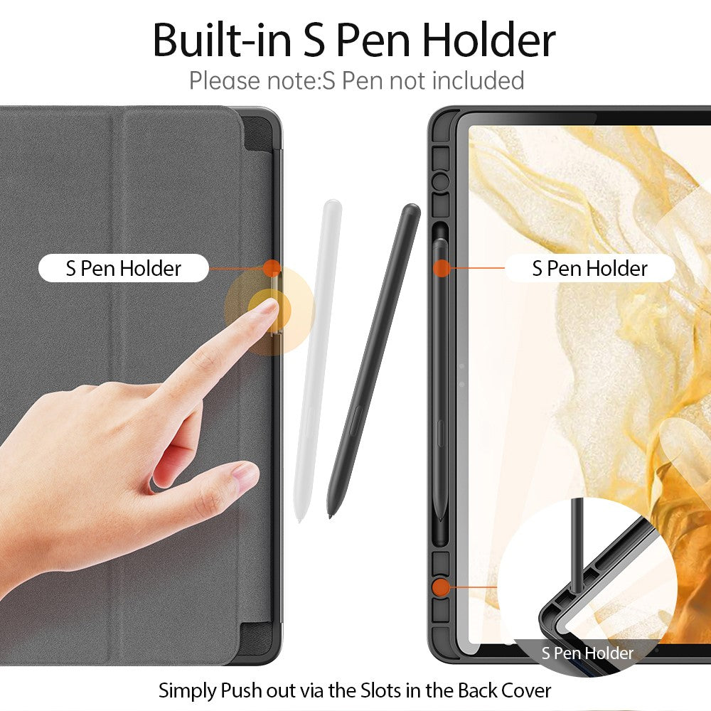 DUX DUCIS DOMO-serien, tredobbelt foldbart PU-læderstativetui til Samsung Galaxy Tab S7 / Tab S8, automatisk dvale/vækning, beskyttende fulddækkende etui med penholder