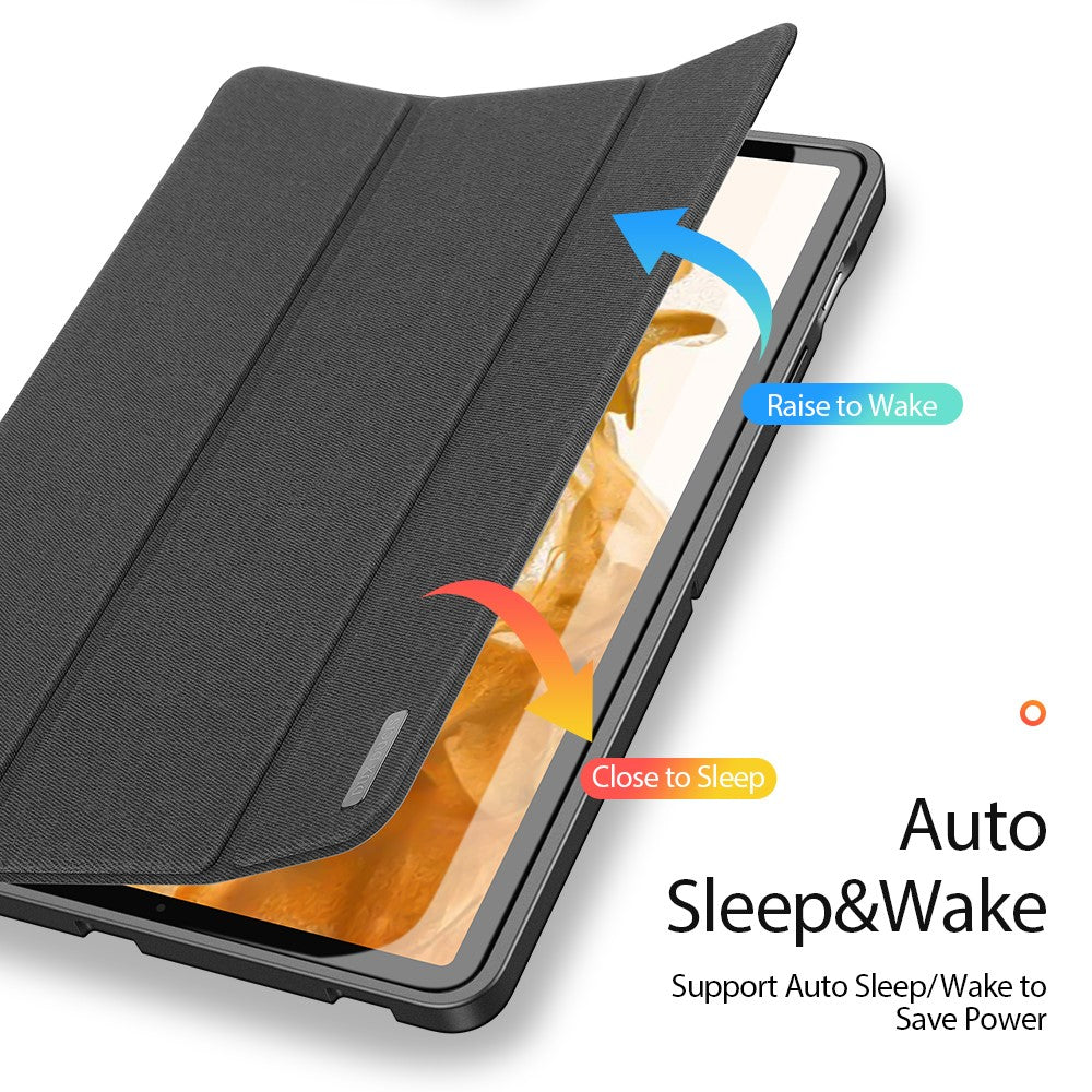 DUX DUCIS DOMO-serien, tredobbelt foldbart PU-læderstativetui til Samsung Galaxy Tab S7 / Tab S8, automatisk dvale/vækning, beskyttende fulddækkende etui med penholder