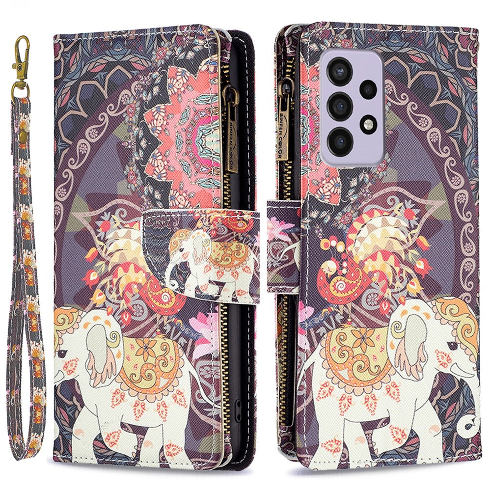 BF03 Lynlås Pung Cover til Samsung Galaxy A33 5G, Mønsterprint PU Læder Stand Funktion Flip Cover med Rem