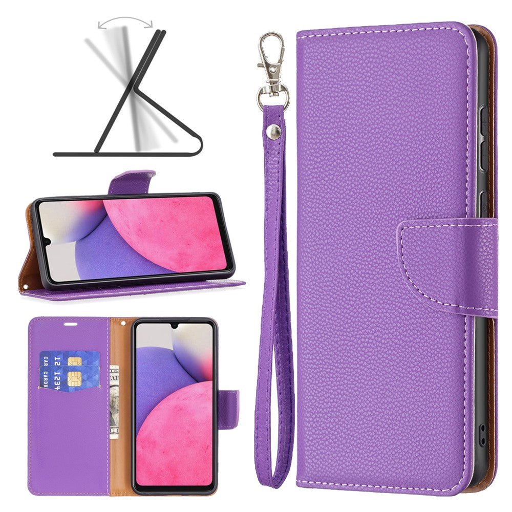 Samsung Galaxy A33 5G Litchitexturerat PU-läderfodral Plånbok Enfärgat Fallskyddande mobilfodral med Rem