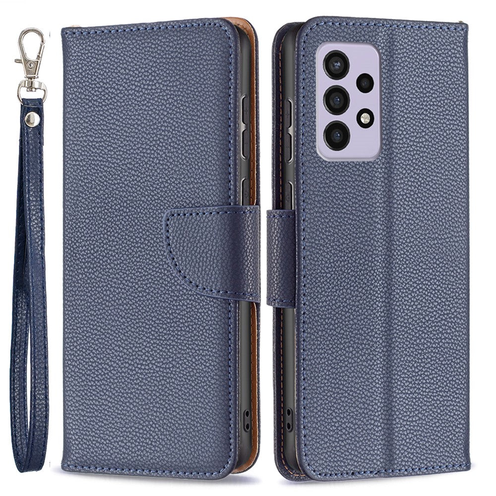 Samsung Galaxy A33 5G Litchitexturerat PU-läderfodral Plånbok Enfärgat Fallskyddande mobilfodral med Rem