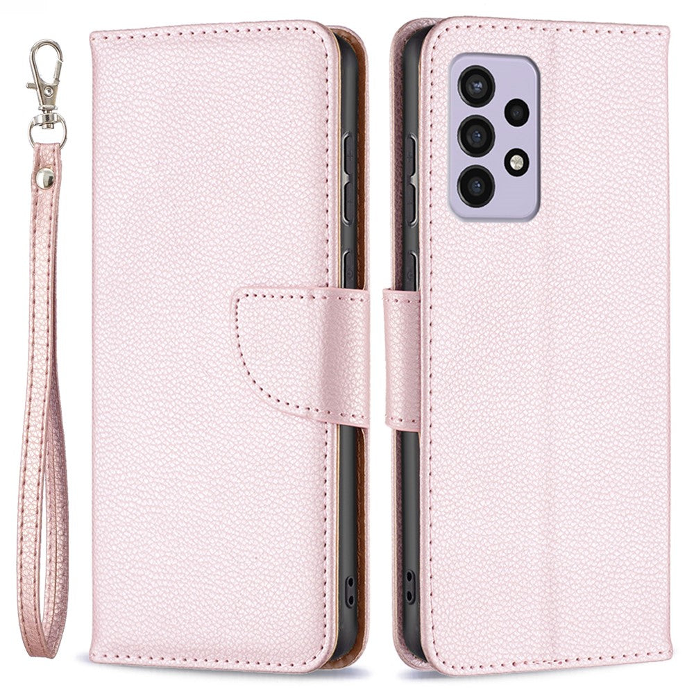 Samsung Galaxy A33 5G Litchitexturerat PU-läderfodral Plånbok Enfärgat Fallskyddande mobilfodral med Rem