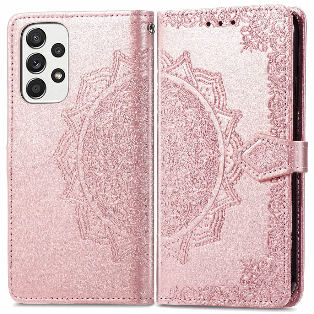 PU Leather Mandala Embossed Shockproof Cover for Samsung Galaxy A53 5G, Stand Flip Premium Wallet Phone Case with Strap