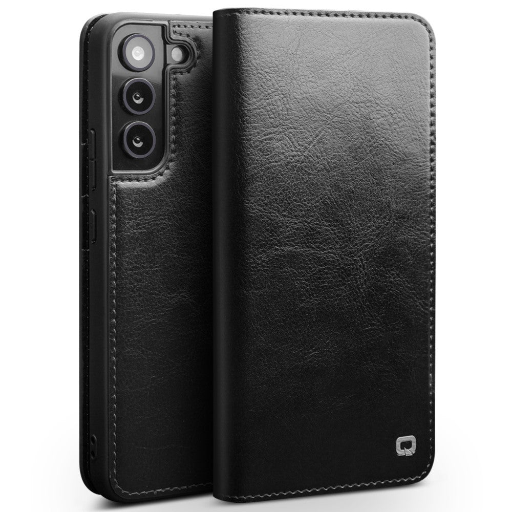 QIALINO for Samsung Galaxy S22 5G Well-Protected Anti-Fall Folio Flip Wallet Design Genuine Leather Cell Phone Case