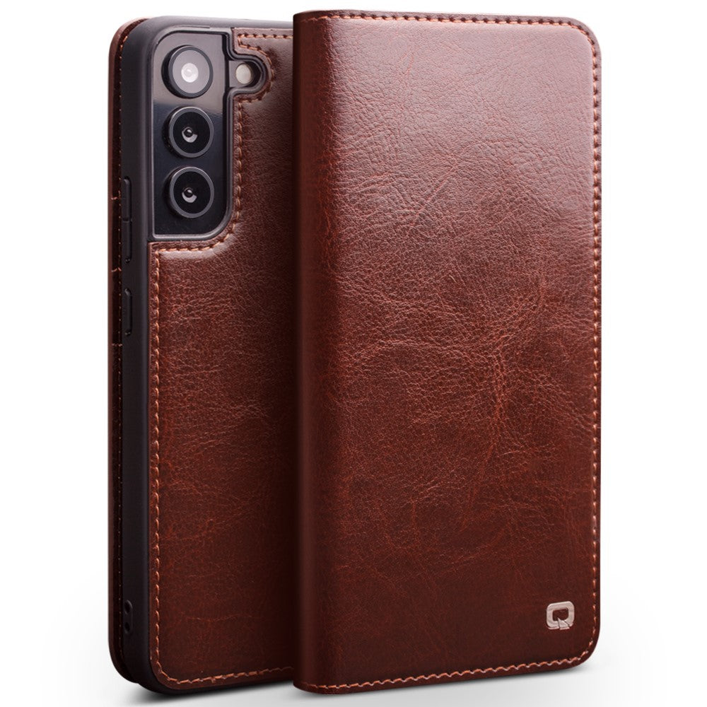 QIALINO for Samsung Galaxy S22 5G Well-Protected Anti-Fall Folio Flip Wallet Design Genuine Leather Cell Phone Case