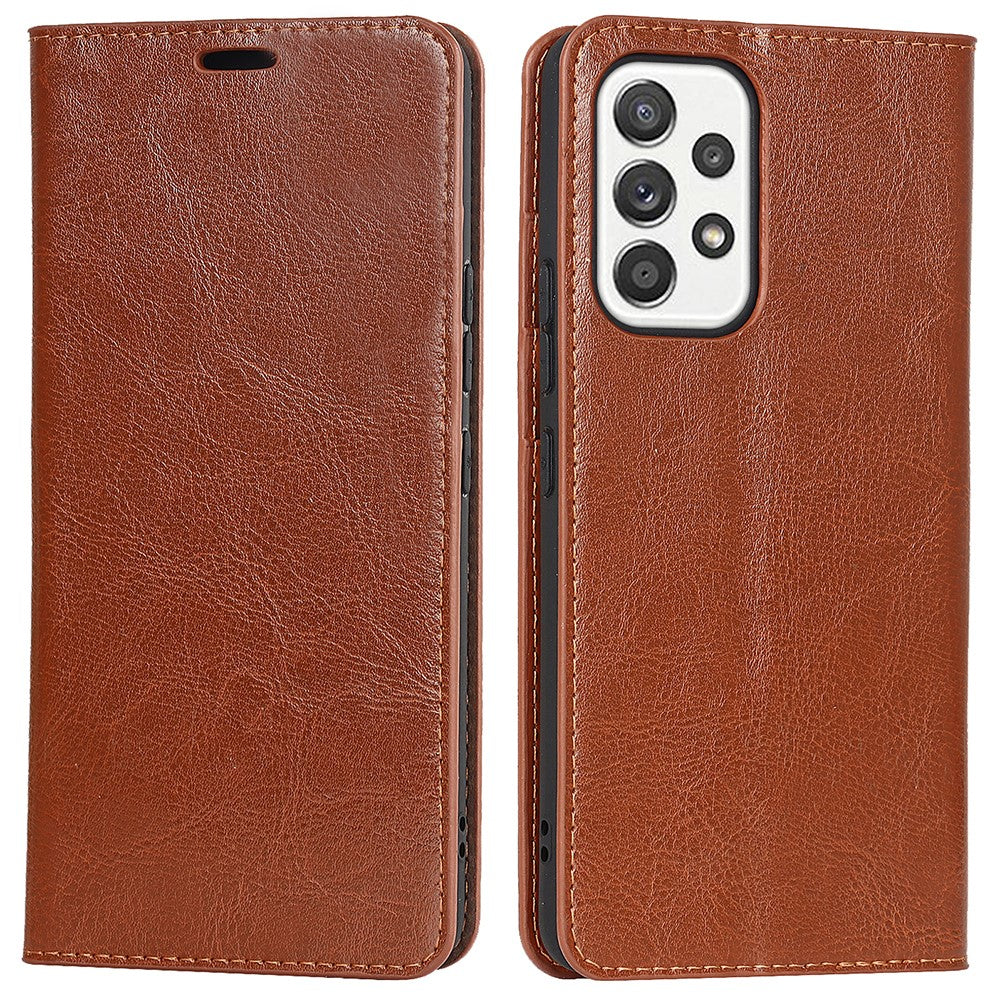 For Samsung Galaxy A33 5G Magnetic Auto Closing Crazy Horse Texture Genuine Leather Cover Drop-proof Protection Stand Flip Wallet Case