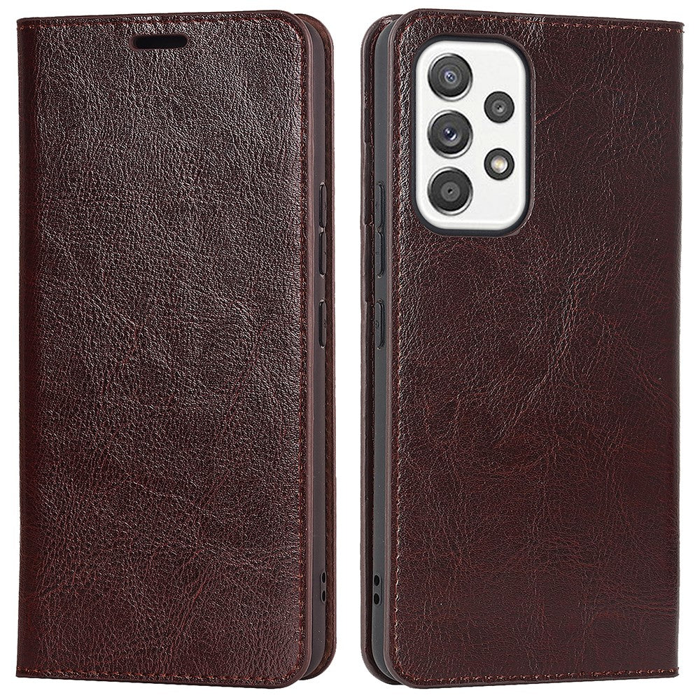For Samsung Galaxy A33 5G Magnetic Auto Closing Crazy Horse Texture Genuine Leather Cover Drop-proof Protection Stand Flip Wallet Case