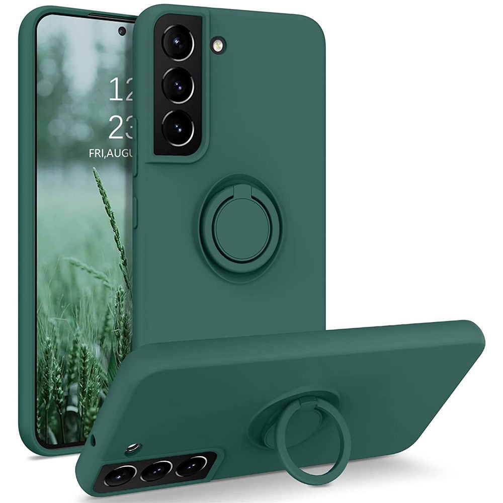 For Samsung Galaxy S22+ 5G Finger Ring Kickstand Design Built-in Metal Sheet Liquid Silicone Cell Phone Case Shell