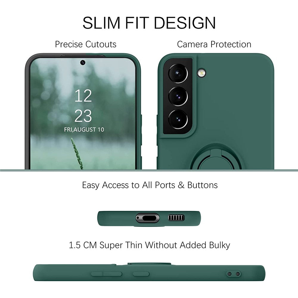 For Samsung Galaxy S22+ 5G Finger Ring Kickstand Design Built-in Metal Sheet Liquid Silicone Cell Phone Case Shell