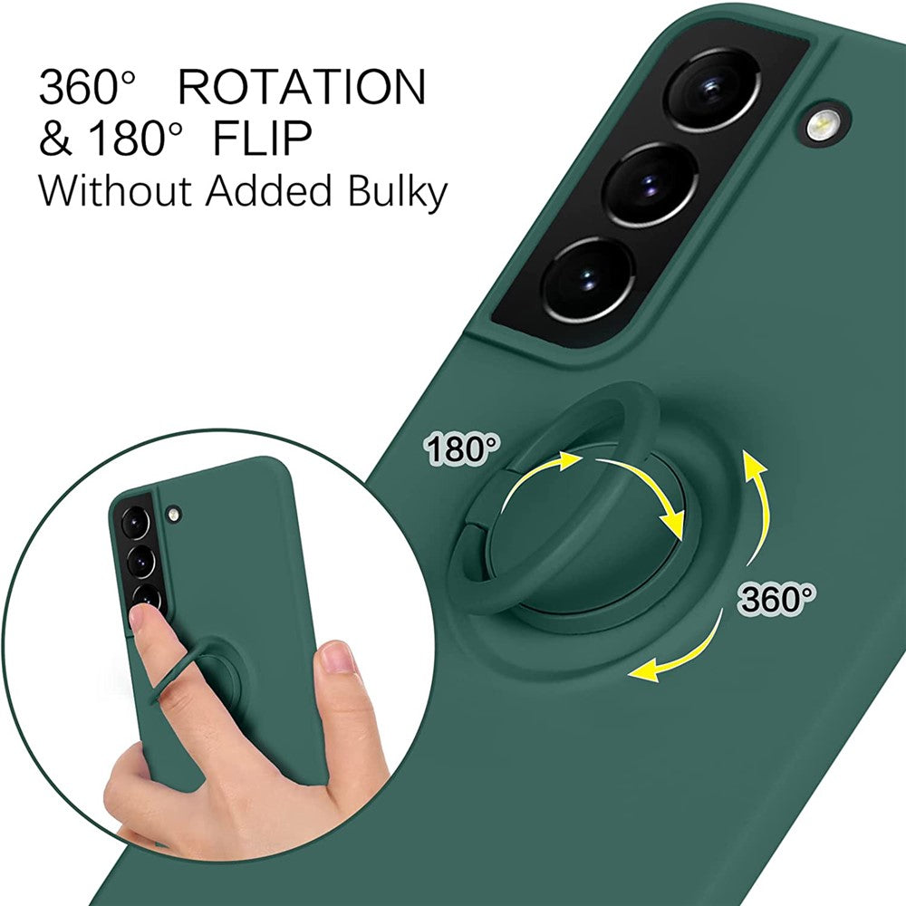 For Samsung Galaxy S22+ 5G Finger Ring Kickstand Design Built-in Metal Sheet Liquid Silicone Cell Phone Case Shell