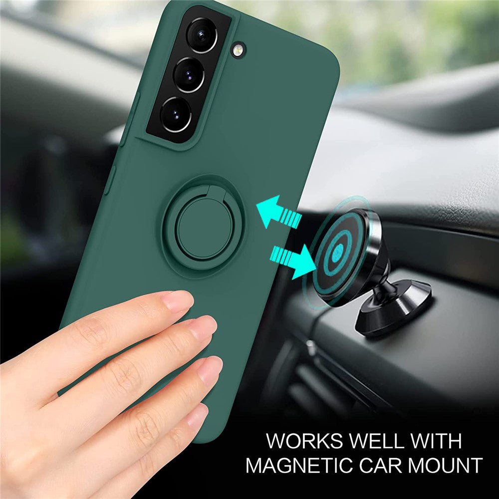 For Samsung Galaxy S22+ 5G Finger Ring Kickstand Design Built-in Metal Sheet Liquid Silicone Cell Phone Case Shell