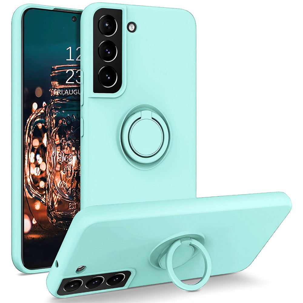 For Samsung Galaxy S22+ 5G Finger Ring Kickstand Design Built-in Metal Sheet Liquid Silicone Cell Phone Case Shell