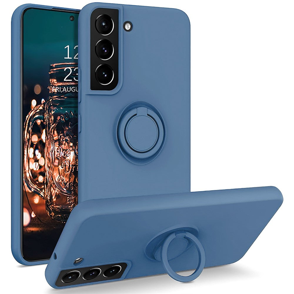 For Samsung Galaxy S22+ 5G Finger Ring Kickstand Design Built-in Metal Sheet Liquid Silicone Cell Phone Case Shell