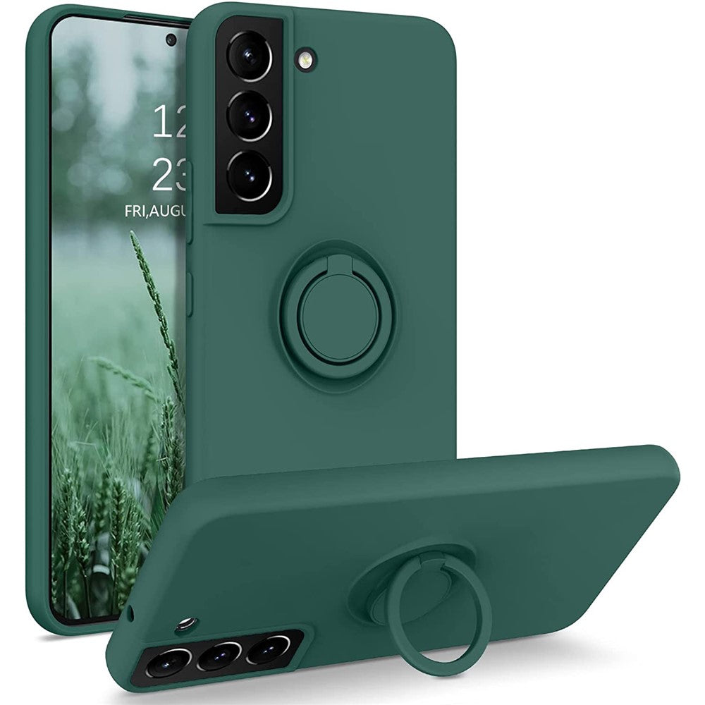 Til Samsung Galaxy S22 5G Ridsefast Ensfarvet Fingerring Støtteben Design Flydende Silikone Beskyttelsescover