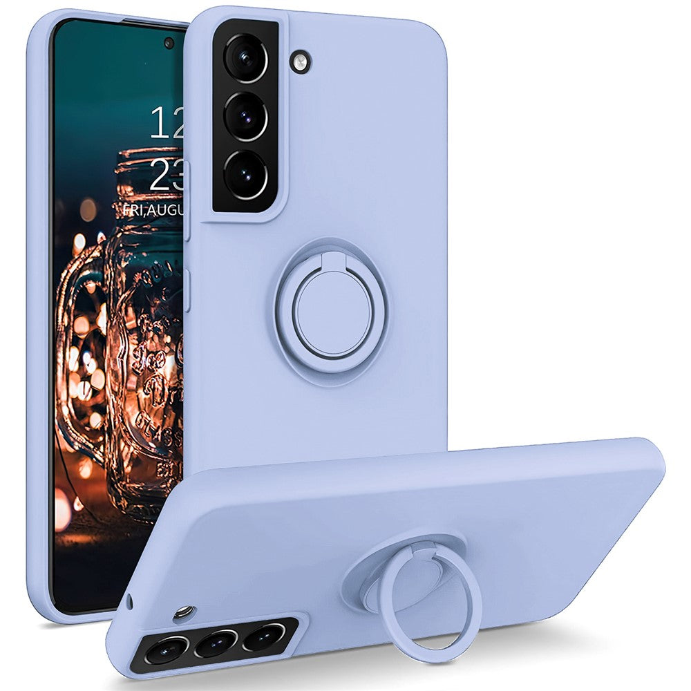 Til Samsung Galaxy S22 5G Ridsefast Ensfarvet Fingerring Støtteben Design Flydende Silikone Beskyttelsescover