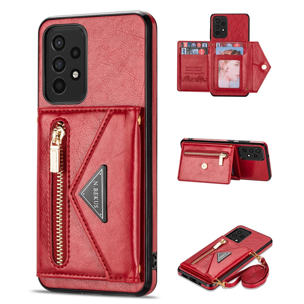 N.BEKUS for Samsung Galaxy A72 4G/5G Zippered Pocket Wallet Kickstand Design PU Leather + TPU Phone Case