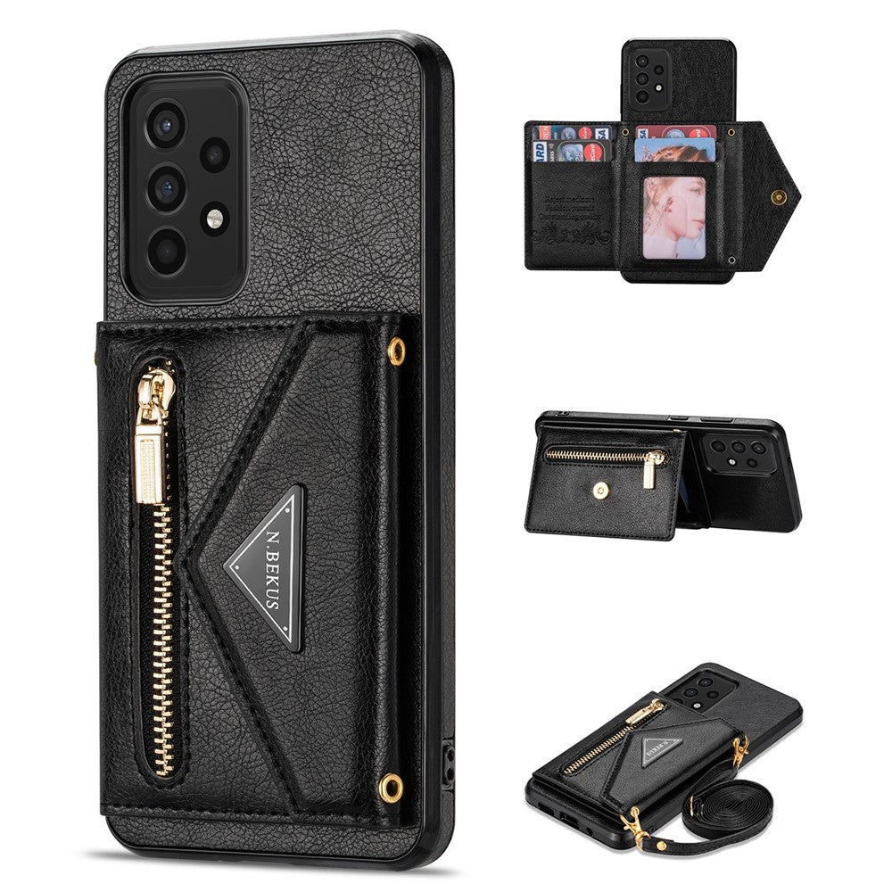 N.BEKUS for Samsung Galaxy A72 4G/5G Zippered Pocket Wallet Kickstand Design PU Leather + TPU Phone Case