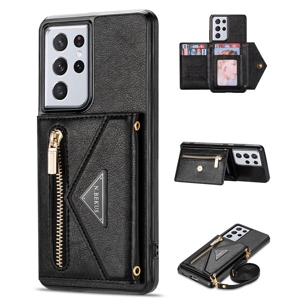 N.BEKUS for Samsung Galaxy S21 Ultra 5G Dual-layer Protection PU Leather + TPU Kickstand Design Wallet Cell Phone Cover Case