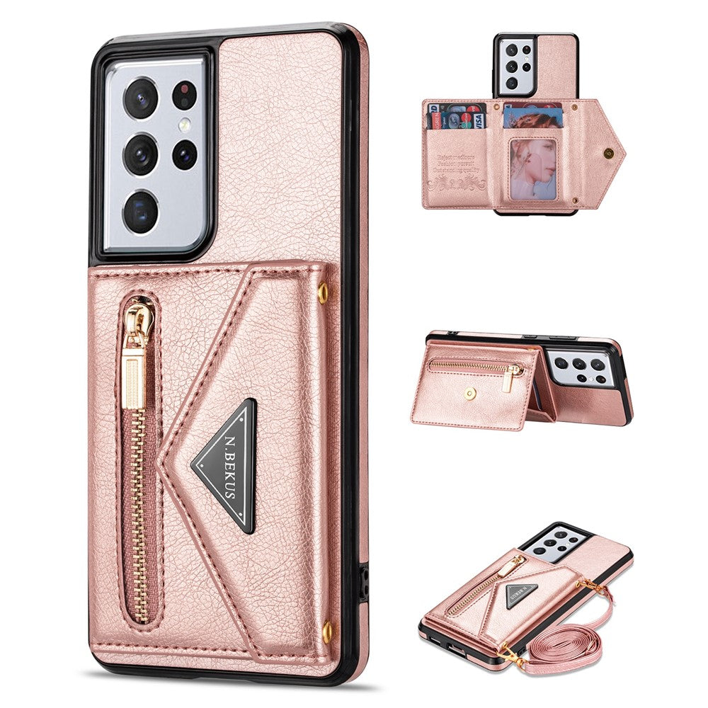 N.BEKUS för Samsung Galaxy S21 Ultra 5G Dubbelskiktat Skyddande PU-läder + TPU Stativdesign Plånboksfodral Mobilmobilfodral