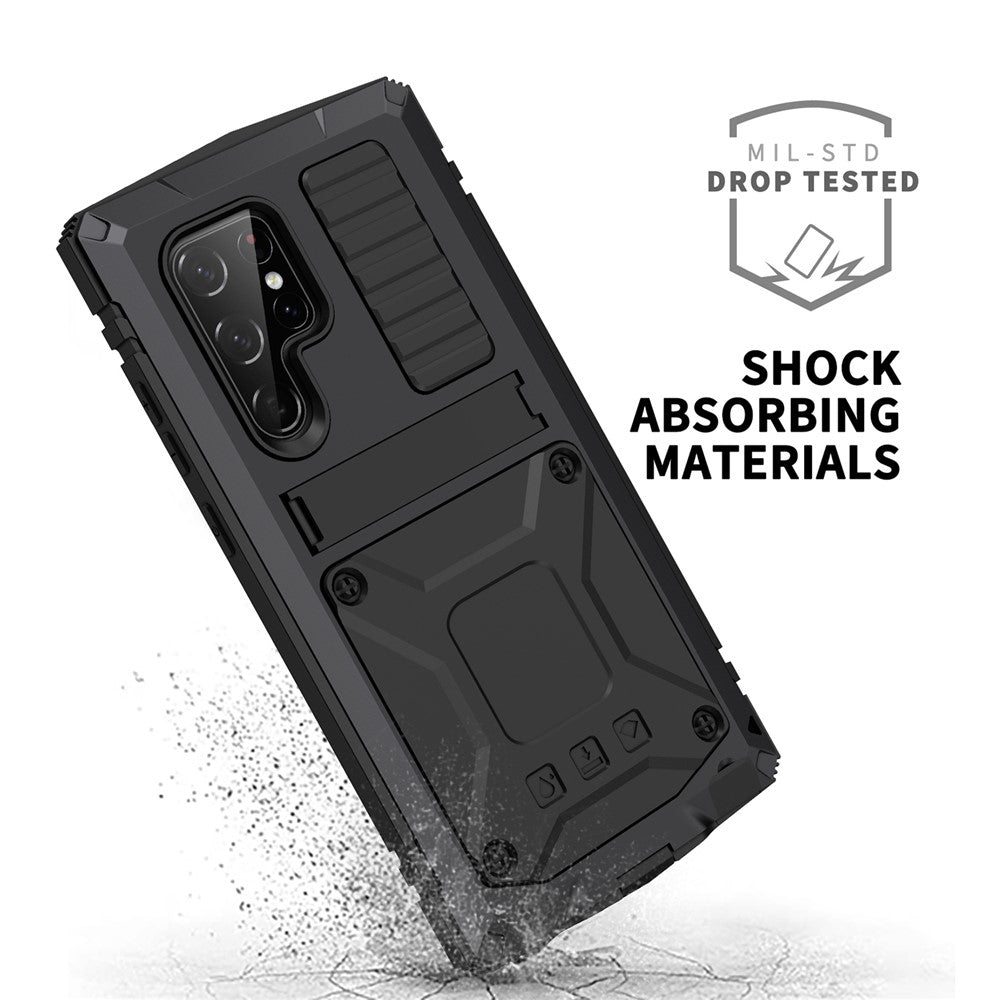 For Samsung Galaxy S22 Ultra 5G Precise Cutouts Shockproof Dustproof Drop-proof Kickstand Phone Case TPU + Metal Hybrid Cover