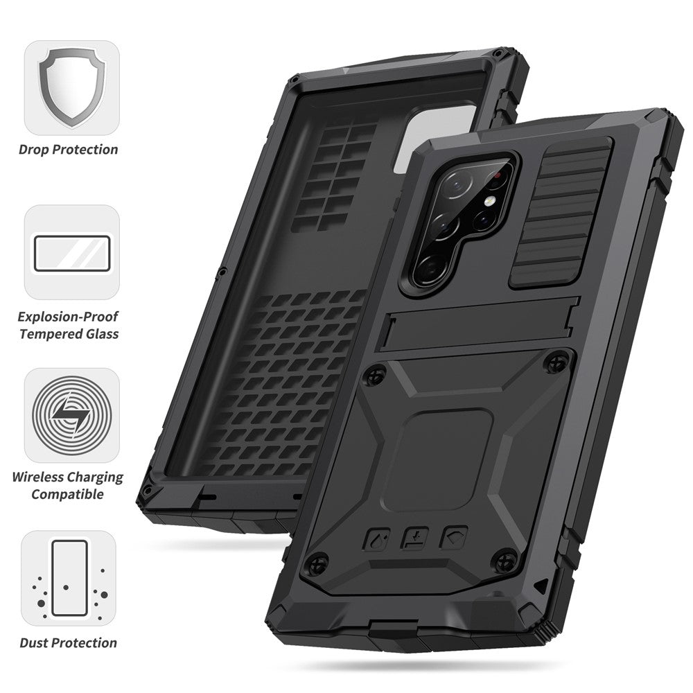 For Samsung Galaxy S22 Ultra 5G Precise Cutouts Shockproof Dustproof Drop-proof Kickstand Phone Case TPU + Metal Hybrid Cover