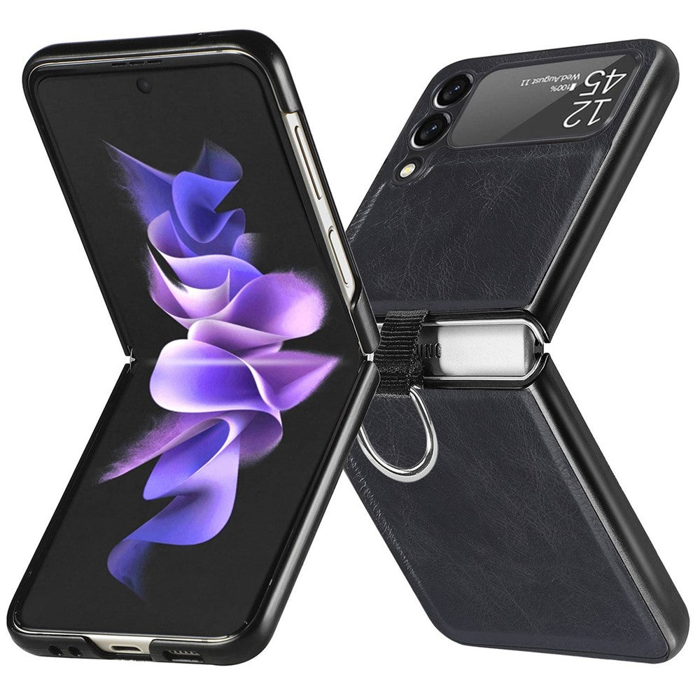 For Samsung Galaxy Z Flip3 5G PU Leather Coated Hard PC Folding Phone Case with Ring Holder
