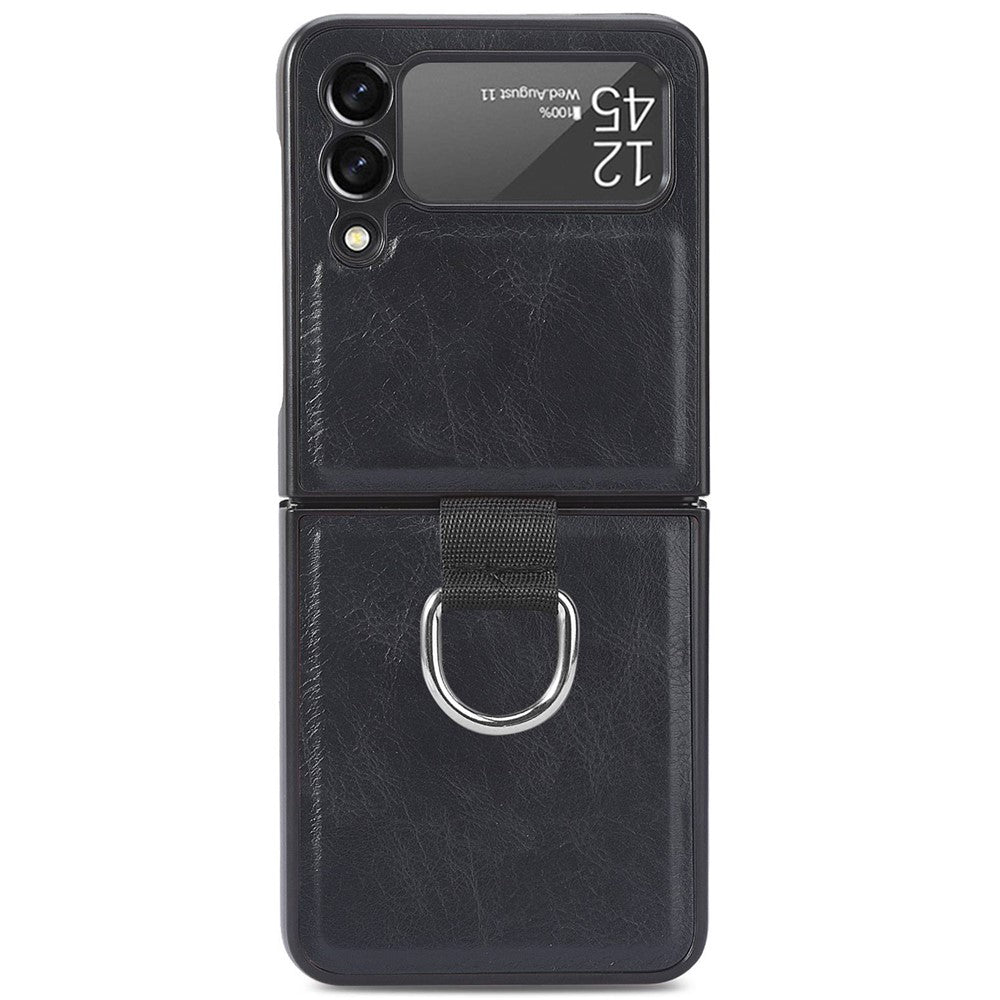 For Samsung Galaxy Z Flip3 5G PU Leather Coated Hard PC Folding Phone Case with Ring Holder
