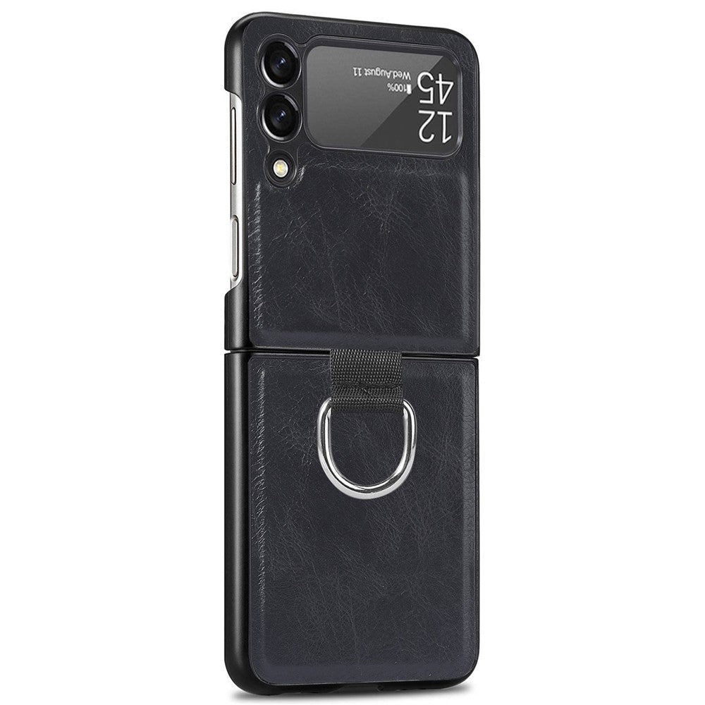 For Samsung Galaxy Z Flip3 5G PU Leather Coated Hard PC Folding Phone Case with Ring Holder