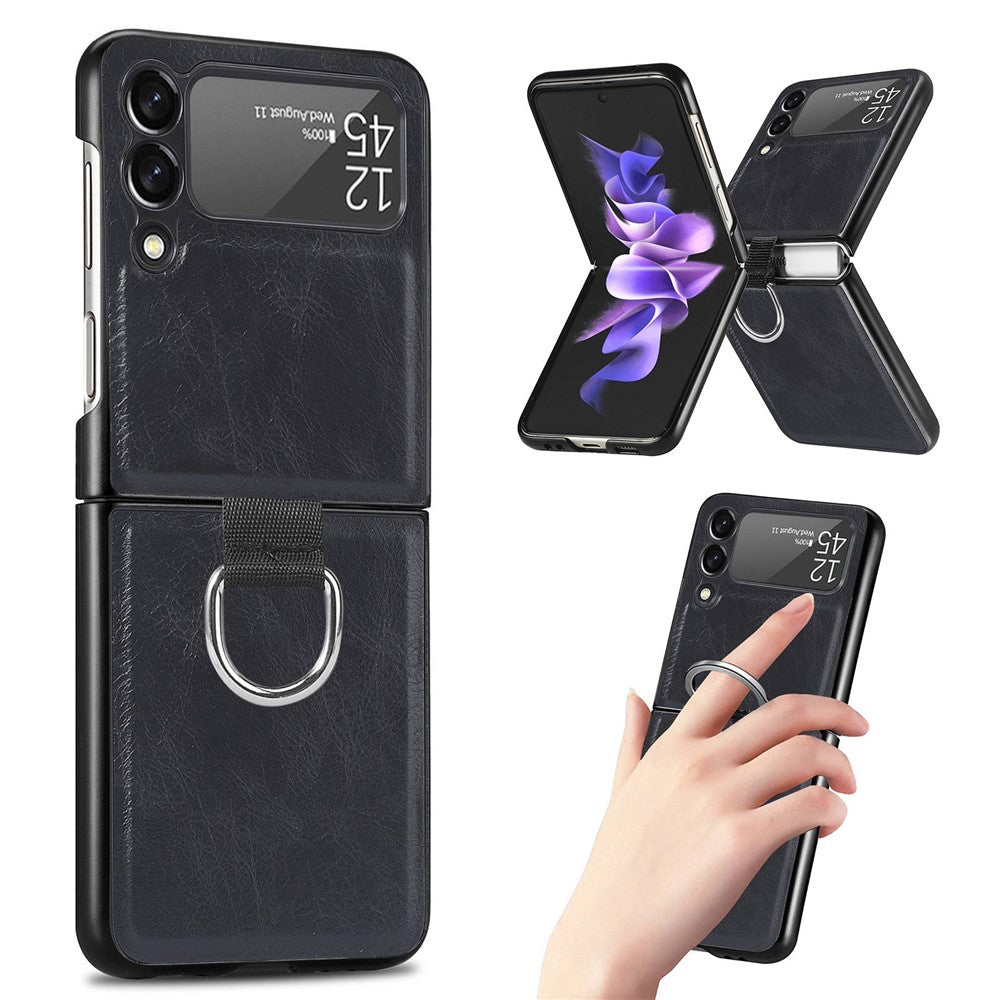For Samsung Galaxy Z Flip3 5G PU Leather Coated Hard PC Folding Phone Case with Ring Holder