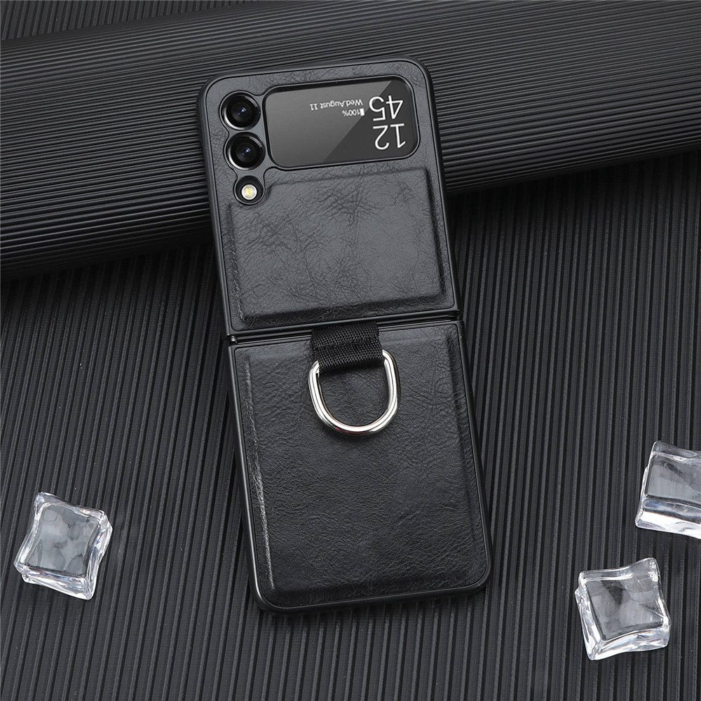For Samsung Galaxy Z Flip3 5G PU Leather Coated Hard PC Folding Phone Case with Ring Holder