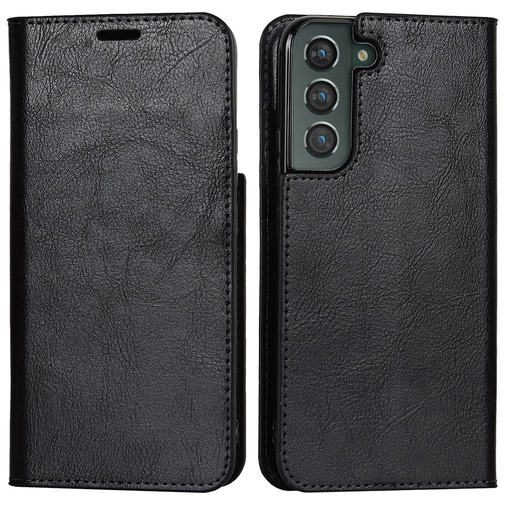Crazy Horse Texture Genuine Leather Phone Cover for Samsung Galaxy S22+ 5G, Wallet Stand Protective Case
