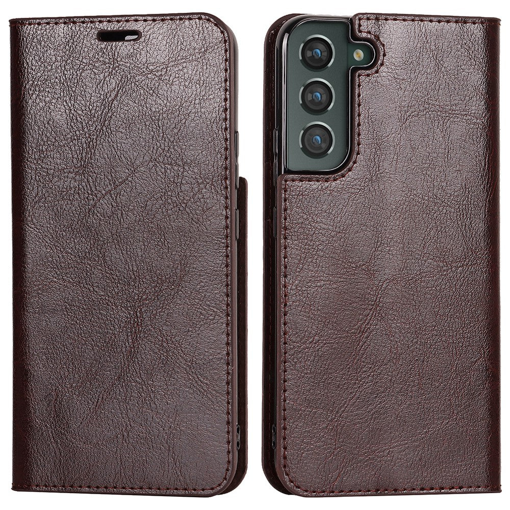Crazy Horse Texture Genuine Leather Phone Cover for Samsung Galaxy S22+ 5G, Wallet Stand Protective Case