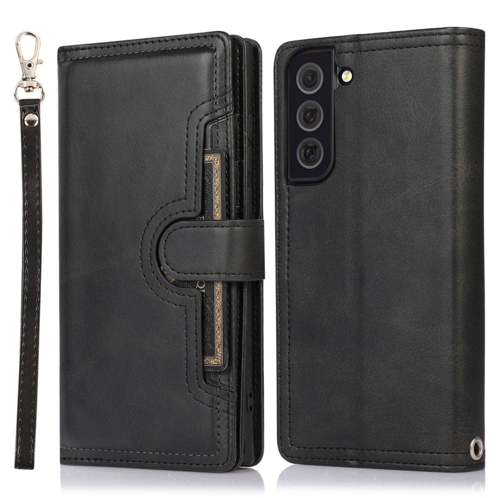 For Samsung Galaxy S22+ 5G Wrist Strap Magnetic Clasp Split Leather Phone Stand Case Protector with Multiple Card Slots
