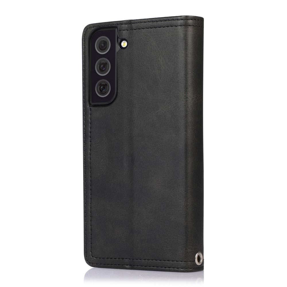 For Samsung Galaxy S22+ 5G Wrist Strap Magnetic Clasp Split Leather Phone Stand Case Protector with Multiple Card Slots