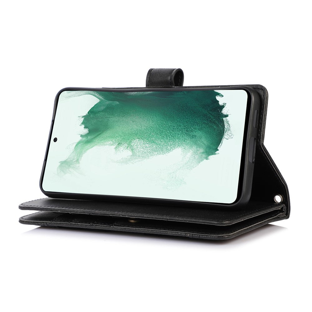For Samsung Galaxy S22+ 5G Wrist Strap Magnetic Clasp Split Leather Phone Stand Case Protector with Multiple Card Slots