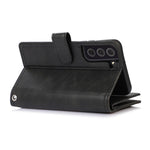 For Samsung Galaxy S22+ 5G Wrist Strap Magnetic Clasp Split Leather Phone Stand Case Protector with Multiple Card Slots