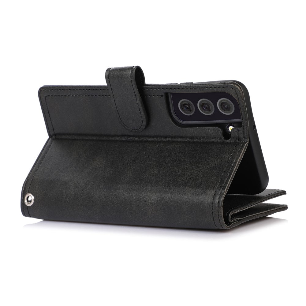 For Samsung Galaxy S22+ 5G Wrist Strap Magnetic Clasp Split Leather Phone Stand Case Protector with Multiple Card Slots