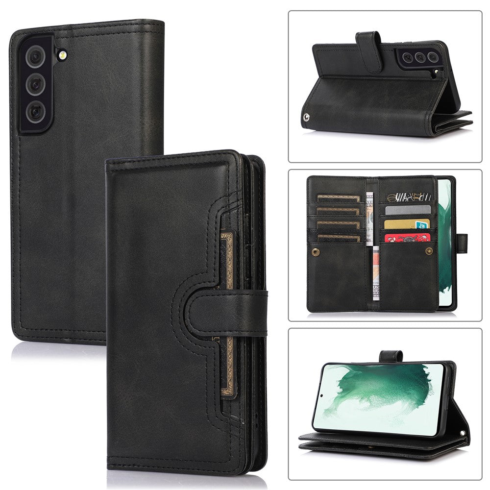 For Samsung Galaxy S22+ 5G Wrist Strap Magnetic Clasp Split Leather Phone Stand Case Protector with Multiple Card Slots