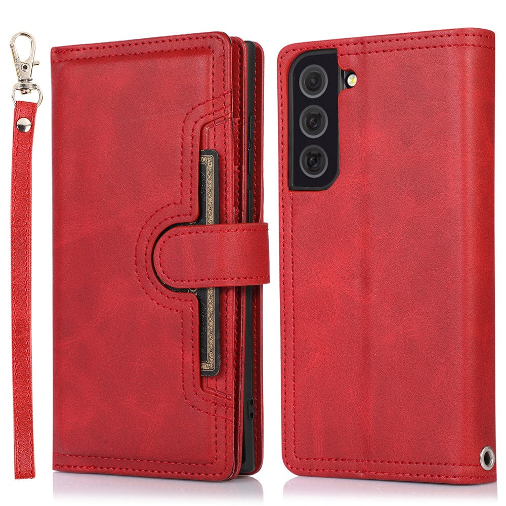 For Samsung Galaxy S22+ 5G Wrist Strap Magnetic Clasp Split Leather Phone Stand Case Protector with Multiple Card Slots