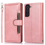For Samsung Galaxy S22+ 5G Wrist Strap Magnetic Clasp Split Leather Phone Stand Case Protector with Multiple Card Slots