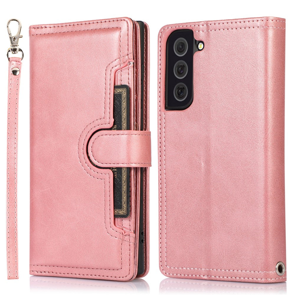 For Samsung Galaxy S22+ 5G Wrist Strap Magnetic Clasp Split Leather Phone Stand Case Protector with Multiple Card Slots