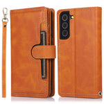 For Samsung Galaxy S22+ 5G Wrist Strap Magnetic Clasp Split Leather Phone Stand Case Protector with Multiple Card Slots