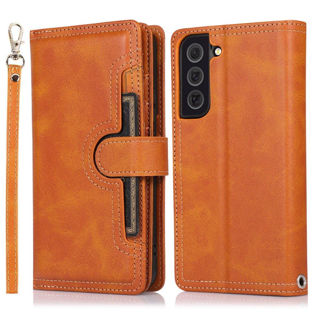 For Samsung Galaxy S22+ 5G Wrist Strap Magnetic Clasp Split Leather Phone Stand Case Protector with Multiple Card Slots