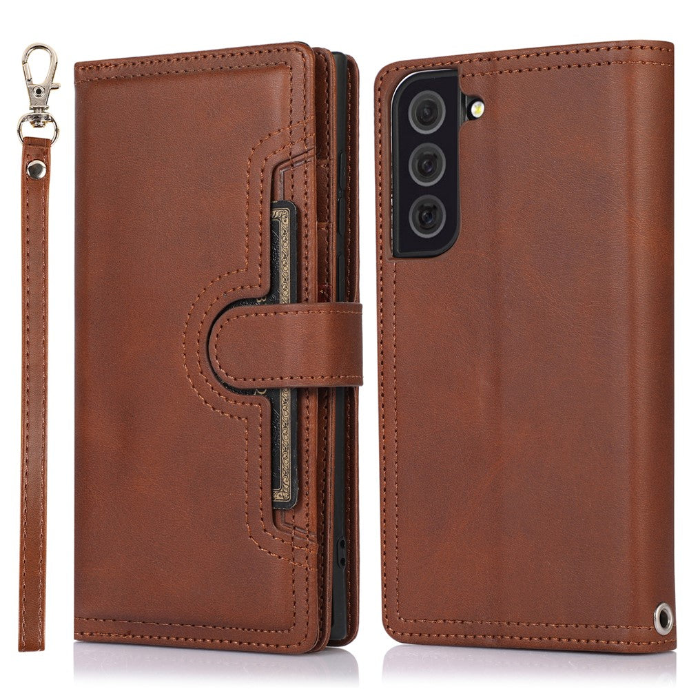 For Samsung Galaxy S22+ 5G Wrist Strap Magnetic Clasp Split Leather Phone Stand Case Protector with Multiple Card Slots