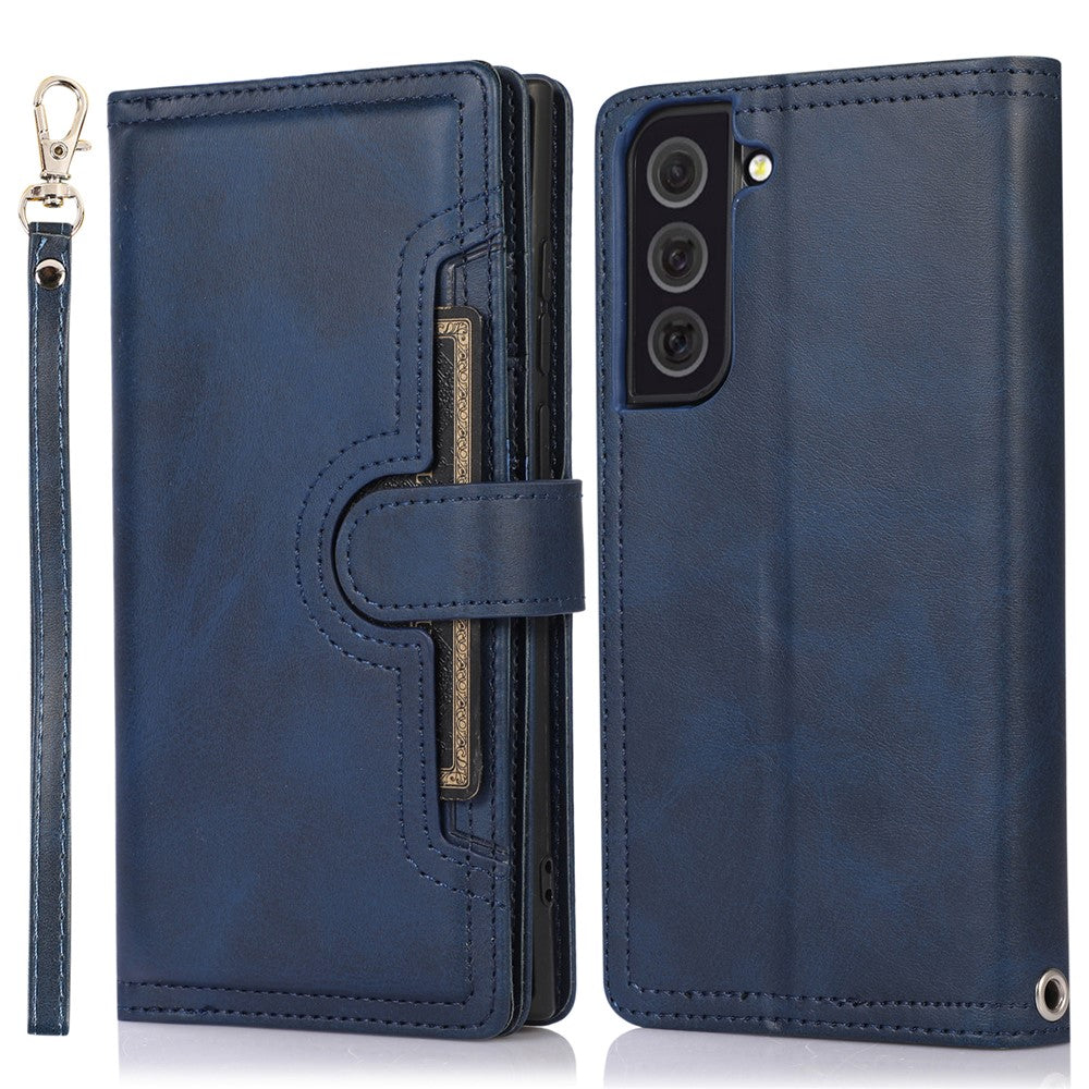 For Samsung Galaxy S22+ 5G Wrist Strap Magnetic Clasp Split Leather Phone Stand Case Protector with Multiple Card Slots