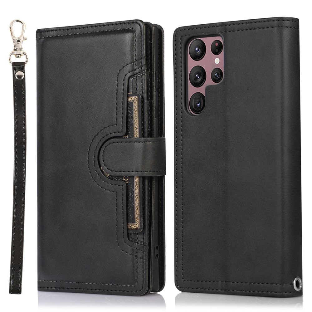 For Samsung Galaxy S22 Ultra 5G Wrist Strap Magnetic Clasp Anti-fall Protection Case Split Leather Stand Phone Cover with Multiple Card Slots