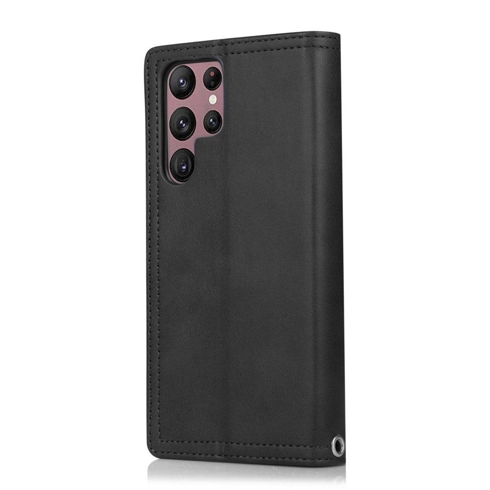 For Samsung Galaxy S22 Ultra 5G Wrist Strap Magnetic Clasp Anti-fall Protection Case Split Leather Stand Phone Cover with Multiple Card Slots